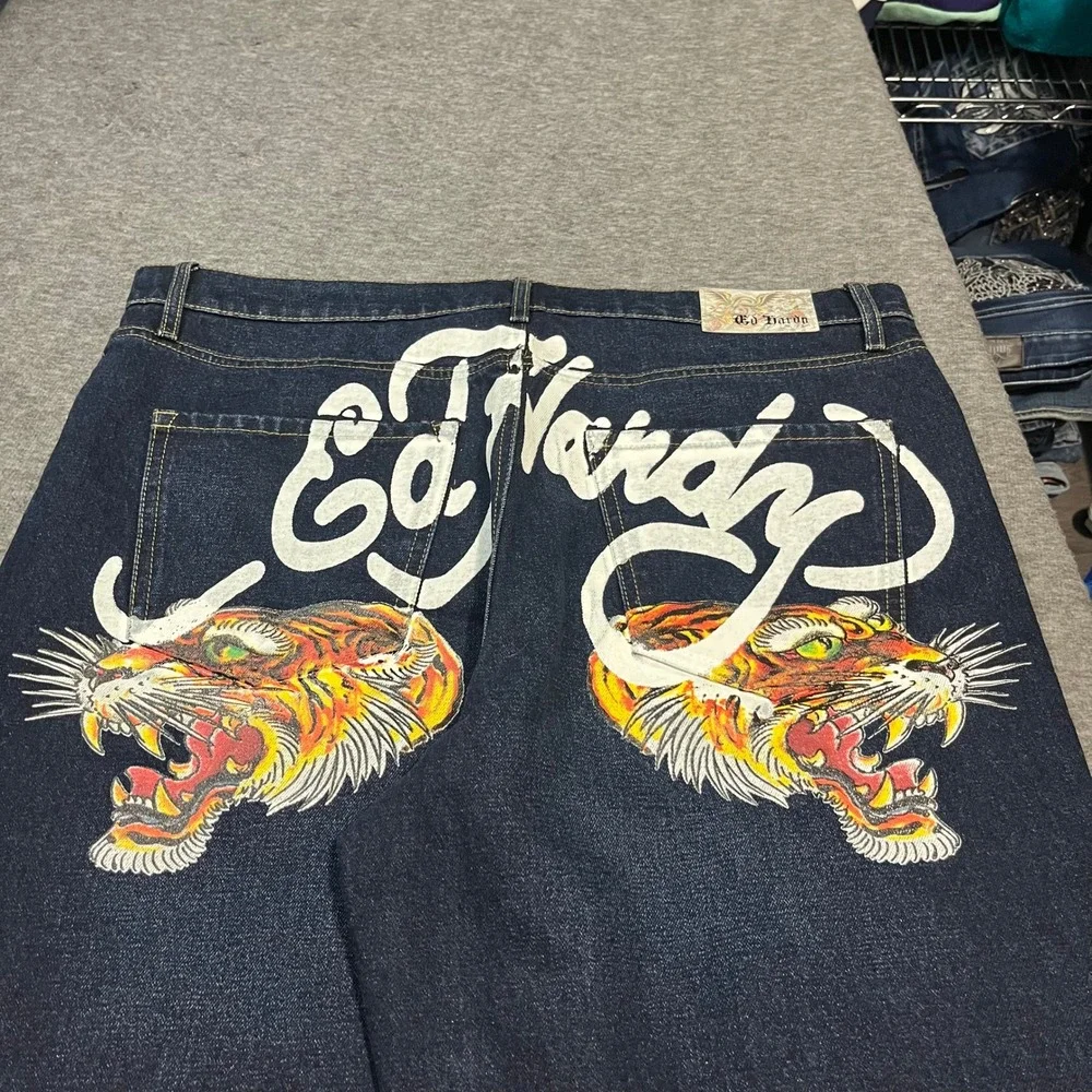 Ed Hardy Mens Tiger Graphic Jeans 38x32 Dark Wash Christian Audigier MEHD8302-1